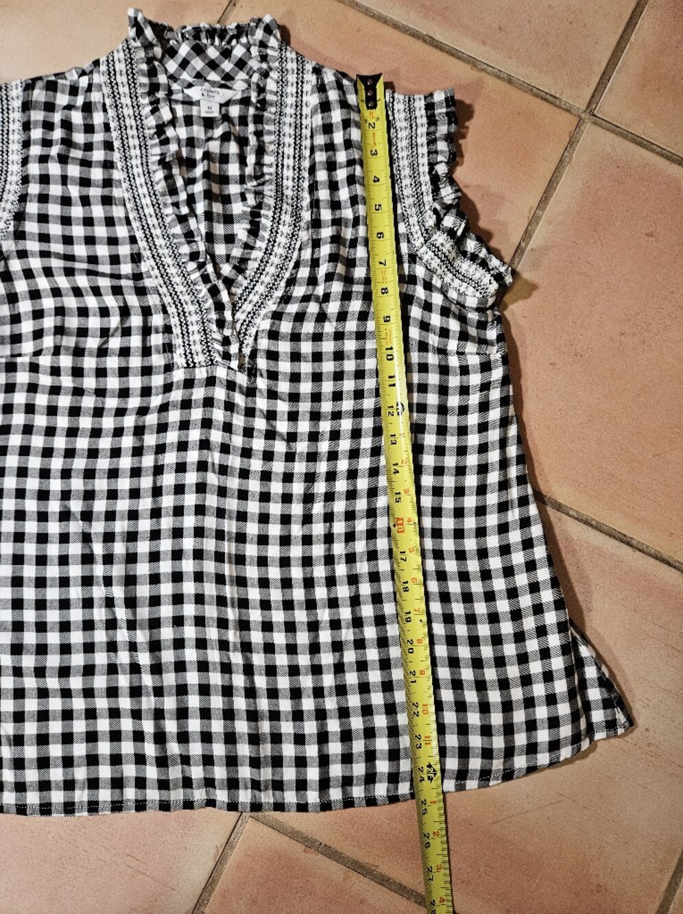 Crown & Ivy Black White Gingham Smocked Ruffle Sleeveless Top - Picture 11 of 12